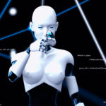 Woman robot holding a biotech pill